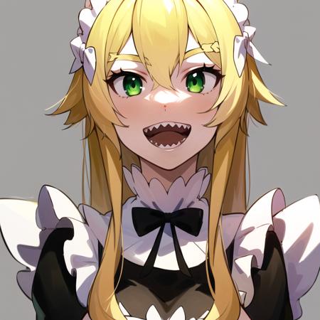 best quality, highres,ultra-detailed, 1girl, solo_focus,  <lora:FredericaV5:0.8>, Frederica, frederica_baumann, 1girl, blonde_hair, green_eyes, fangs, teeth