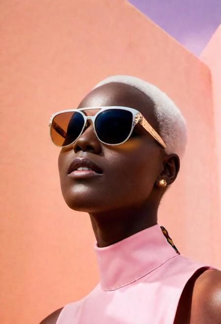 photo RAW,((close-up) African character design,vogue, prada, versace, Square Sunglasses, glamourous, fashion world, editorial, fashion, magazine shoot, fluff, dreamy glow, extraterrestrial, fantastic realism, kitsch outfit, sunrays, pastel,cotton dof, (composition centering, conceptual photography),luminogram, sharp focus, colorful, clear, detailed), masterpiece, award winning photography, natural light, perfect composition, high detail, hyper realistic,lens flare,Timeless Elegance, Classic Tones, Refined Lighting, depth of field,sharp focus