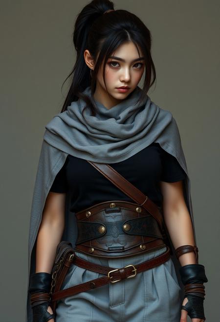 full shot of a japanese ninja girl, She has a tall ponytail hair style, She has a scar in the right eye, She wears a grey scarf cape, She wears two warrior belts with chains, she wears a Battle leather corset, she wears a black T-shirt, she wears light grey Explorer trousers, photography studio style, hyper realistic, ultra detailed