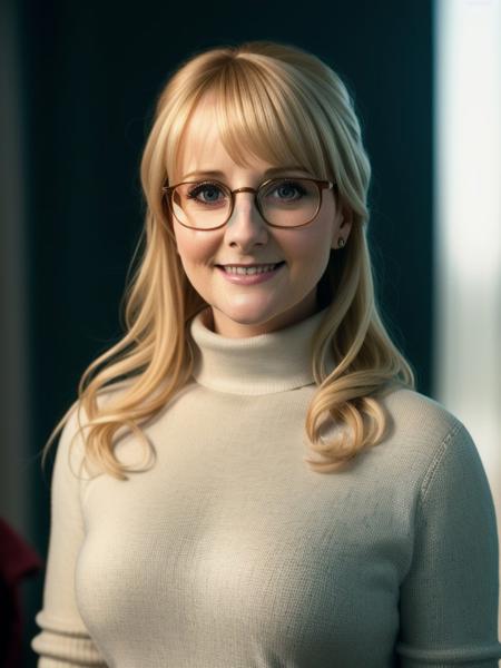 MelissaRauch768 , turtleneck, small glasses, smile, detailed eyes, photography, trending on artstation, sharp focus, studio photo, intricate details, highly detailed, by greg rutkowski     <lora:MelissaRauch768:0.7>