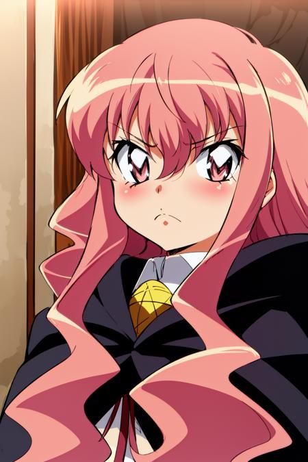 louise zero default, louise francoise le blanc de la valliere, <lora:Louise Zero_v0.2:1>, 1girl, solo, sad, pentacle, cape, long hair, pink hair, wavy hair, pink eyes, portrait, hair between eyes