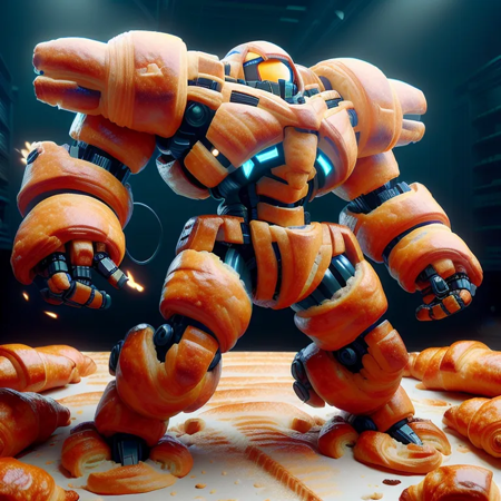 A combat robot whose entire body is made of croissants ,<lora:food_carving_sd_1_5_20231205:1>,