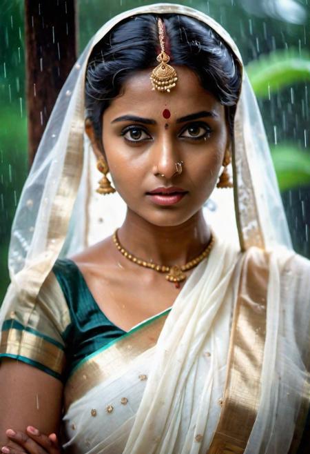 An women elegantly draped in a transparent white sari, big eyes, Detailed facial and body expressions and traditional Hindu symbols enhance the emotional depth background is heavy rain in hut