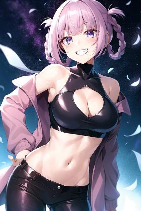 nanakusa nazuna,

1girl, bangs, bare shoulders, black nails, braid, breasts, cleavage cutout, clothing cutout, grin, groin, hair rings, hand on hip, hand up, jacket, light purple hair, long sleeves, looking at viewer, nail polish, navel, open clothes, open jacket, sleeveless, sleeveless turtleneck, sleeveless turtleneck crop top, smile, solo, turtleneck, w,

<lora:nanakusa_nazuna_offset:1>