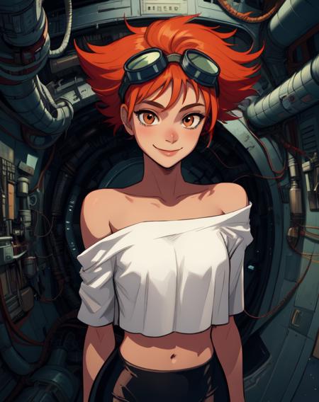 Edward,  midriff, orange hair, (white loose shirt), off shoulder, 
bike shorts, brown eyes, goggles on head, 
smile, space station, engine room, 
standing,  upper body, 
 (insanely detailed, beautiful detailed face, masterpiece, best quality
 <lora:EDWARD:0.7>