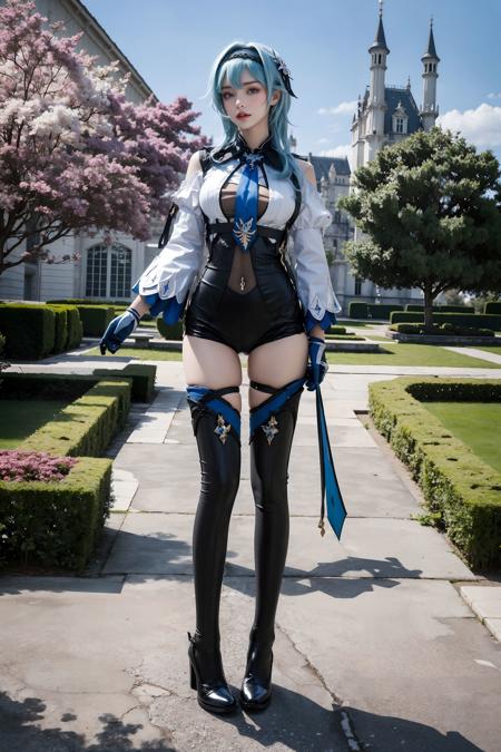 <lora:Eula:0.75>, (((best quality, masterpiece, good anatomy))), eula_in_genshin, cowboy shot, 1girl, blue medium hair, black hairband,a leotard with a white top and black bottom, white long sleeves, blue necktie, jewelry on the shoulder, black thighhighs, high heels, full body, ((standing naturally)), outdoors, castle, streets, green plants, flowers,