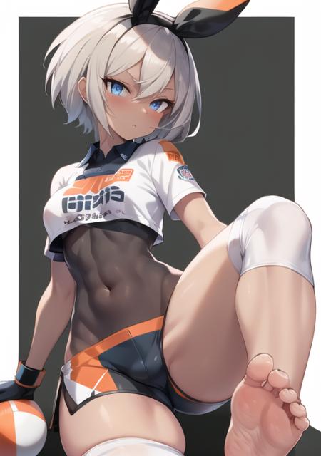 <lora:bea:0.7>, bea,1girl, solo, breasts, looking at viewer, short hair, bangs, blue eyes, shirt, gloves, holding, short sleeves, grey hair, hairband, parted lips, shorts, barefoot, collared shirt, dark skin, feet, dark-skinned female, grey eyes, bodysuit, covered navel, toes, soles, black hairband, wristband, single glove, poke ball, black bodysuit, holding poke ball, tied shirt, knee pads, print shirt, bodysuit under clothes, dynamax band, print shorts, ultra ball