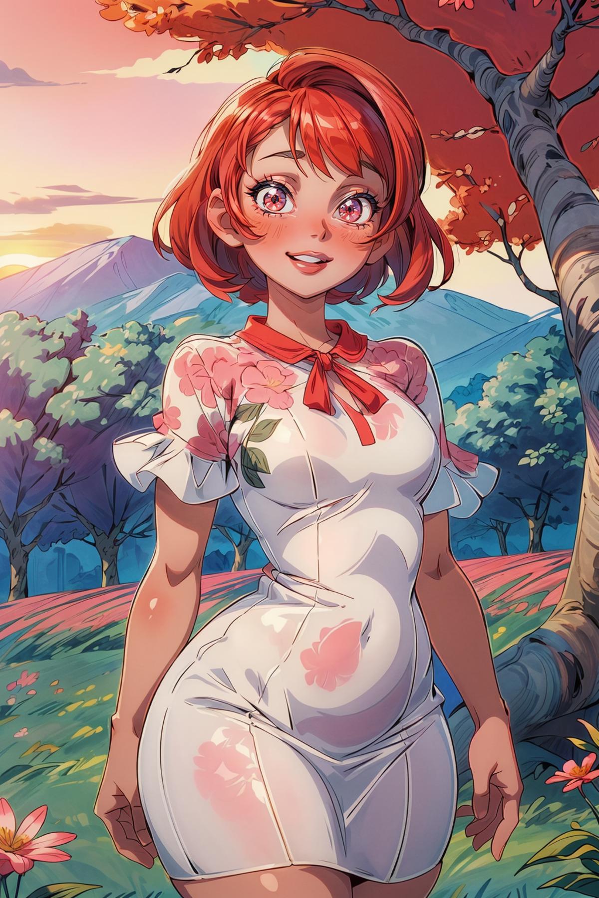 Anime Girl in Flowery Dress Standing in a Field
