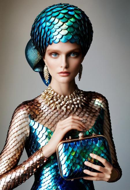 Create a fp1 high fashion editorial photograph of a stunning blonde model wearing an extraordinary haute couture design crafted from artfully arranged scales. The gown should feature a gradient of scaleboundsdxl iridescent scales ranging from pearl-white to champagne gold at the bodice, transitioning to aquamarine and sapphire blue toward the flowing train. Each scale should be meticulously placed to create organic patterns that accentuate the model's silhouette while catching light in mesmerizing ways. She is wearing an extraordinary hat resembling a scaleboundsdxl jellyfish. The hat should be a masterpiece of avant-garde millinery, crafted entirely from iridescent scales that catch and reflect light in mesmerizing patterns. The dome of the hat should mimic a jellyfish's bell with delicate tendrils of cascading scale-work flowing down around the woman's shoulders and framing her face. Complement the dress with sophisticated accessories including a statement headpiece with delicate scale detailing, sculptural earrings resembling stylized fish fins, and an avant-garde clutch purse resembling a treasure chest adorned with precious scales. The overall composition should evoke the refined aesthetic of Vogue or Harper's Bazaar, photographed with the technical brilliance of Paolo Roversi or Tim Walker, creating an image of absolute luxury and high fashion artistry.