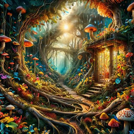 inked drawing, vivid primary colors, dynamic lighting, abstract composition, soft gradients, cinematic contrast, expressive color, textured background, asymmetric, cinematic, (angled view) of a mystical woodland scene, foliage foreground frame, vivid flowers, strange mushrooms, in a magic  forest wonderland, psychedelic fantasy setting, little fluffy clouds, deep shadows,  very comfy, cute, golden hour, hard shadows, hazy atmosphere, precision, fractal geometry, harmonic interference, altered realities, fantastical scenes, striking visuals,  detailed background, light reflection, masterpiece, best quality, absurdres, strangecomposition, foliage-and-roots,