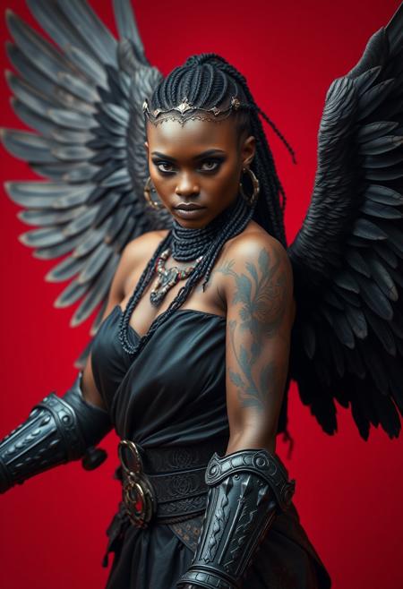 action pose of the most beautiful african woman warrior of the world, tattooed, angel black wings, beautiful studio makeup, black steel armour, silk robe, wind, masterpiece, best quality, high quality, hyper detailed, HDR, 8k, sharp focus, realistic eyes, realistic, red background, photography studio style