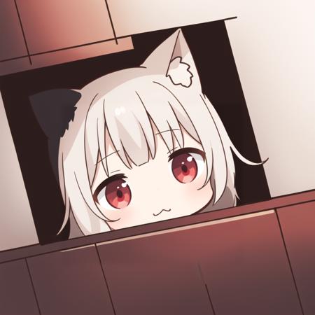 chibi, foxtype 3, solo, peeking out, long hair, red eyes,