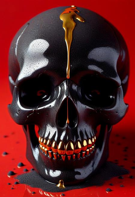 obsidian skull with liquid gold dripping down it ObsidianSand, Smooth_Quality, mobe-godeen, red background.