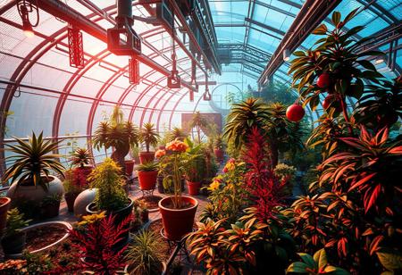 32k masterwork breathtaking HD photo, cyberpunk solarium, aeroponic plants