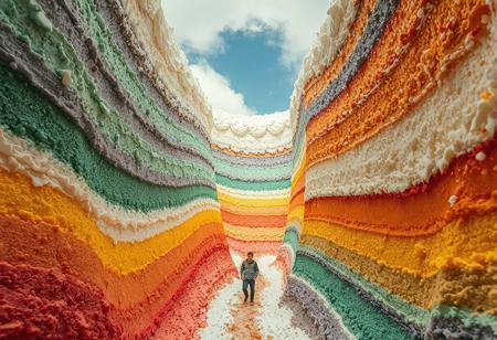 man walking at the bottom of the rainbow cake valley. The valley is made from cake and cream. walking between narrow towering, huge cake and huge topping cream.  canyon of giant layered cake.