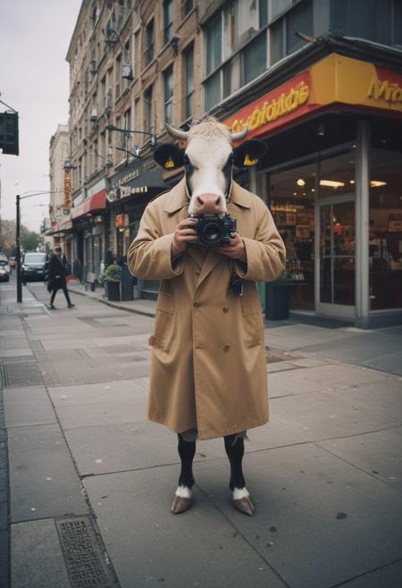 full-length photograph of a ((cow in a trenchcoat)) holding an ((old 35mm camera)) to take photographs near a "McDonald's" restaurant in the city.
Perfect photograph, strong fisheye-lens photograph (intense fisheye-view photograph), strong bokeh, cinematic photograph, experimental angles, experimental lighting, intricately detailed, very detailed background, realisticvision-negative-embedding, epiCRealism