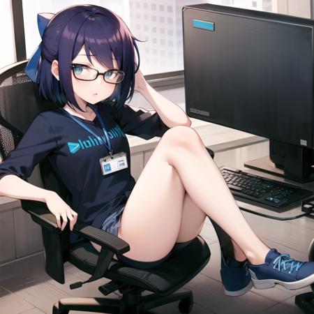 2d, masterpiece, best quality, anime, highly detailed face, highly detailed eyes, highly detailed background, perfect lighting, full body, 1girl, solo, a-chan, office, office chair, computer, monitor, black shirt, logo, id card, jeans <lora:a-chan-09:1>