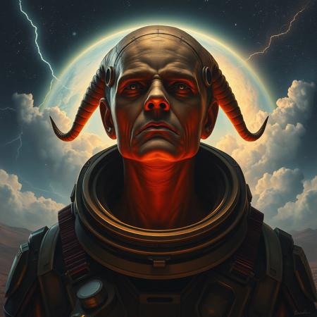 an intriguing depiction inspired by the enigmatic Tleilaxu from the Dune universe. Mysterious glowing intergalactic portal in the distance. science fiction poster. head and chest only. upperbody. cinematic sci - fi scene. flight suit, accurate anatomy. symmetry. portrait and science fiction theme with lightning, aurora lighting. clouds and stars. smoke. futurism. fantasy. by beksinski carl spitzweg. baroque elements. baroque element. intricate artwork by caravaggio. oil painting. oil on canvas. award winning. dramatic. trending on artstation. 8 k