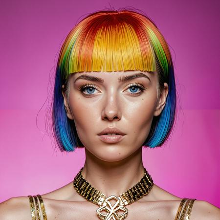 Digital photo of a beautiful 25 years woman ((rainbow dyed hair:1.5)), blue eyes, clear focus, high resolution image beautiful woman age 25, The image is a portrait of a woman with short hair styled in a bob with bangs. She is wearing a futuristic-looking crop top with a metallic gold design on the front. The top is sleeveless and has a high neckline. The woman is looking directly at the camera with a serious expression on her face. The background is a gradient of orange and pink, creating a neon-like effect. The overall mood of the image is futuristic and edgy. <lora:Njala_SDXL:0.65>