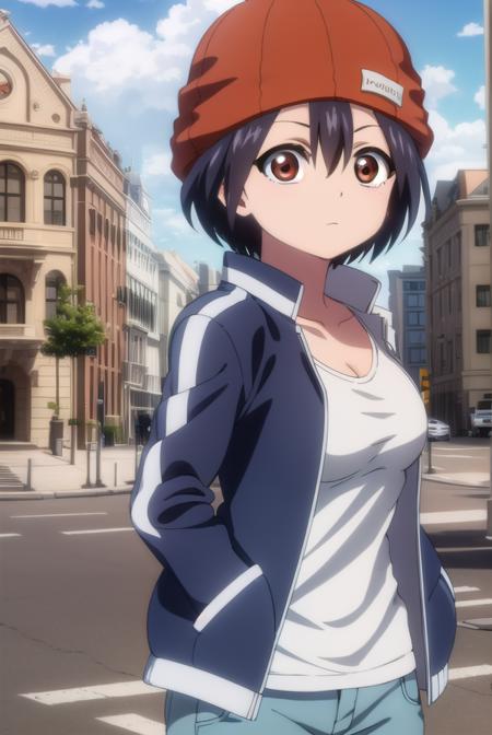 fuukoizumo, <lyco:fuuko izumo s1-lyco-nochekaiser:1>,
fuuko izumo, black hair, hair between eyes, (brown eyes:1.5), short hair,
BREAK shirt, white shirt, jacket, open jacket, pants, denim, beanie, (red beanie:1.2),
BREAK outdoors, city, sky, clouds, sun,
BREAK looking at viewer, (cowboy shot:1.5),
BREAK <lyco:GoodHands-beta2:1>, (masterpiece:1.2), best quality, high resolution, unity 8k wallpaper, (illustration:0.8), (beautiful detailed eyes:1.6), extremely detailed face, perfect lighting, extremely detailed CG, (perfect hands, perfect anatomy),