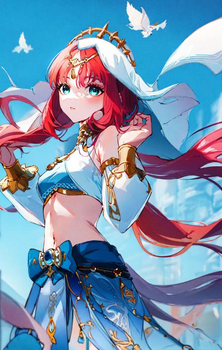 1girl,
beautiful, elegant, 
<lora:nilouGenshinImpact_v10:1> nilou (neither flower nor mist) (genshin impact), aqua eyes, nilou (genshin impact), fake horns, red hair, long hair, crop top, jewelry, horns, veil, bracer, brooch, long sleeves, puffy long sleeves, skirt, bangs, twintails, puffy sleeves, neck ring, gold trim, parted bangs, arm up, circlet, blue skirt, hair ornament, detached sleeves, low twintails, floating hair, gem, hair flower, blue gemstone, dancer, white headwear, medium breasts, midriff, very long hair 
<lora:style_YoneyamaMaiSTD:1>