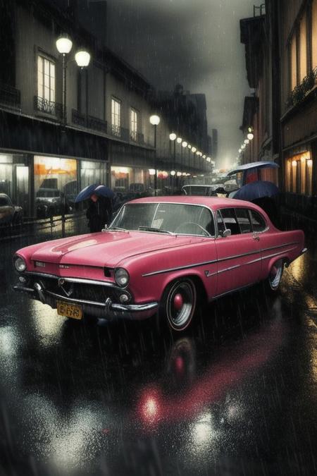 Neonoir picture, retro cars, old cars, rainy weather