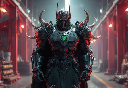 "Create a highly detailed, lifelike depiction of a Gaia Knight, the Force of Earth, at a machine conversion factory in 2019. The knight is wearing decepticon armor plating and a dark green cloak, with a symmetrical sticker design. The setting is lit with cinematic lighting and features a jetpack made of ancient beast bones. Aim for a professional, unique masterpiece with a brilliant symmetry, rendered in Octane or Unreal Engine, with HD textures and subsurface scattering. The final piece should evoke a dreamwave, cursed image aesthetic with a synthwave neon color palette and a touch of the psychedelic."