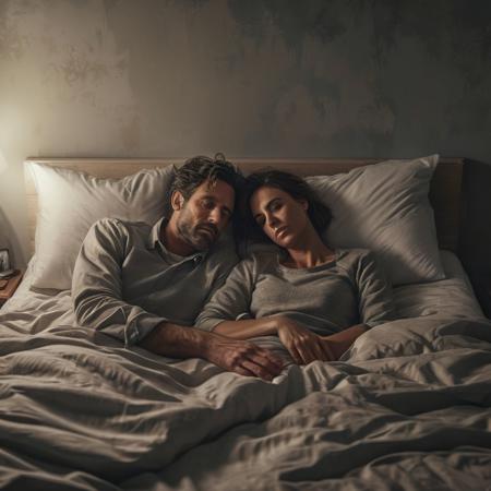 Photorealistic style, Shot from above of a couple lying on a bed, back to each other, with a sad and distant expression, in a dimly lit room. Desaturated colors. realisticvision-negative-embedding
