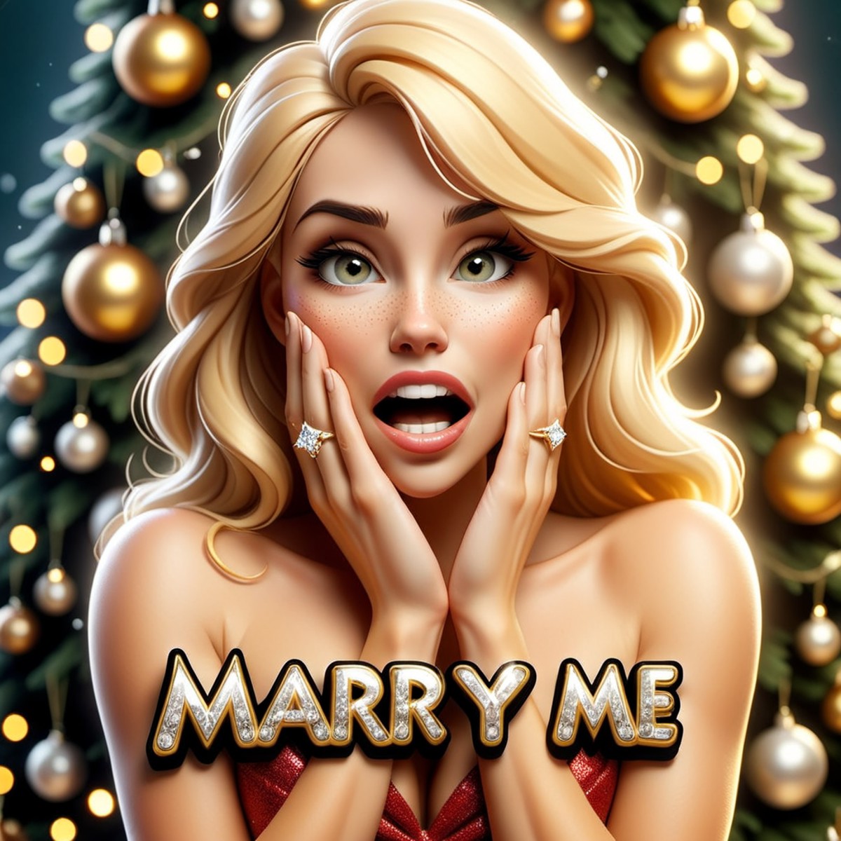 ("MARRY ME" text logo:1.5), gold, diamonds,  <lora:Harrlogos_v2.0:1.6> , blonde woman covering her mouth, diamond ring on ...