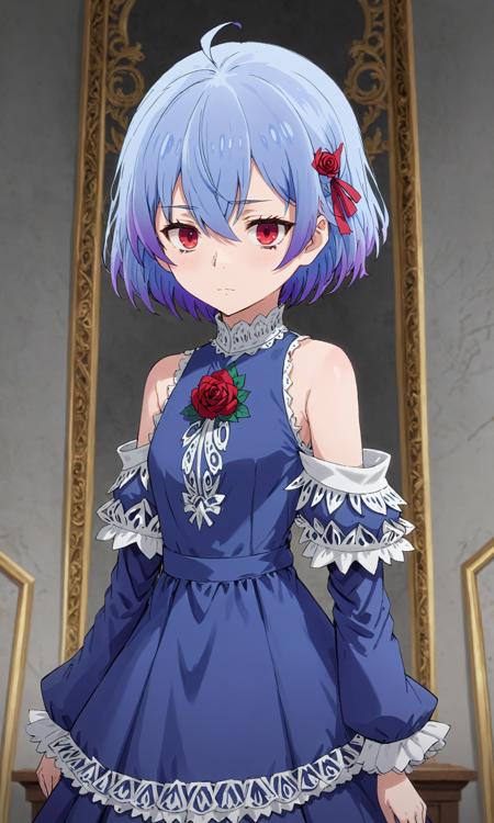 rutiragnason, blue hair, red eyes, short hair BREAK blue dress, sleeveless dress, red rose, detached sleeves, (evil expression:1.2), standing at attention, intricate, elegant, highly detailed, lovely colors, sharp focus, colorful, dramatic, sublime <lora:ruti-sdxl-1-000007:0.85> <lora:sd_xl_offset_example-lora_1.0:0.1>