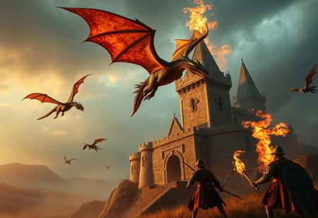 cinematic, dragons flying throwing fire to a castle which is defended by men,