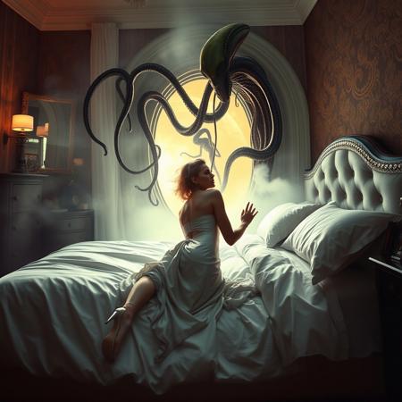 Beautiful lady kneeling in the bed,  pulled by alien long tentacles emerged from the portal  from her bedroom  bed toward giant  portal in the wall,   opened  to alien spacesip harem chamber , struggling  to break free. Fog streaming from the portal. Horrible  space alien looking at  her from portal. Rich white  transparent satin nightgown, elegant high heels, weird foil pillows,