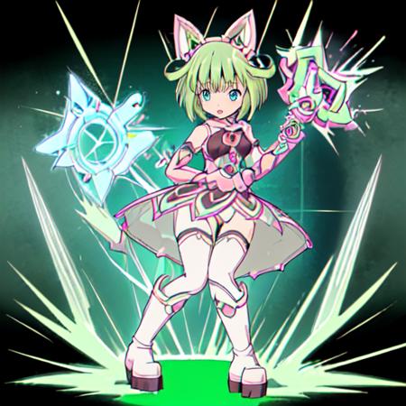 Magical_Cat, 1girl, solo, short hair, blue eyes,dress, animal ears, boots, green hair, elbow gloves, pink gloves