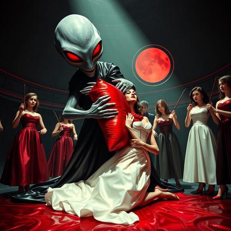 high-society elegant slender norvegian rich innocent young bride  kneeling  at weird red glossy foil pillow. She is ensnared by a towering, gray human-like alien, draped in a long, glossy wet-look black slime cloak, its eyes gleaming red with an otherworldly intensity.  its hands  ripping her corset. Its tentacles coiling her neck. Encased in light beam from the alien breeding chamber celling. Surrounded by strict ladies wearing glossy satin dominatrix attire, full skirts and glossy high heels,  holding whips.   weird wet-look black slime  walls and floor, colossus observation blister to outer space full of stars, bright red moon, vintage-inspired makeup, long hairs, ultra thin waist, evil grin, porcelain skin, lipstick, red nails, in the style of a haunting, retro-futuristic 1950s sci-fi nightmare, horror, alien space base,,