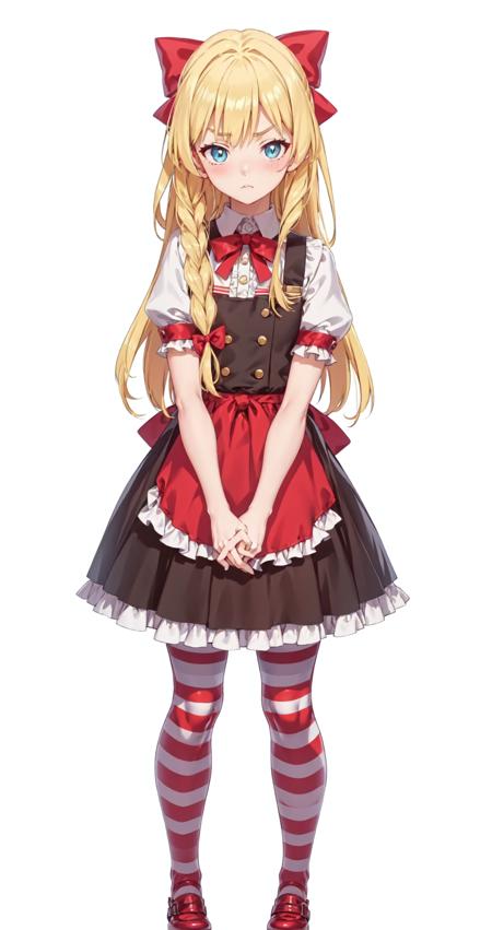 ((masterpiece,best quality)), 1girl,  ,very long hair,blush,looking at viewer,blue eyes,blonde hair,skirt,thighhighs,bangs,simple background,ribbon,dress,bow,white background,shirt,very long hair,hair ribbon,black legwear,hair between eyes,standing,hair bow,full body,braid,closed mouth,short sleeves,pleated skirt,shoes,sidelocks,frills,striped,white shirt,puffy sleeves,zettai ryouiki,twin braids,apron,bowtie,v-shaped eyebrows,puffy short sleeves,red neckwear,red ribbon,red bow,striped legwear,frown,buttons,brown footwear,mary janes,brown legwear,waist apron,vertical stripes,red footwear,v arms,own hands together,pout,brown skirt,vertical-striped legwear,side braid,iris <lora:iris_konosuba:0.8>