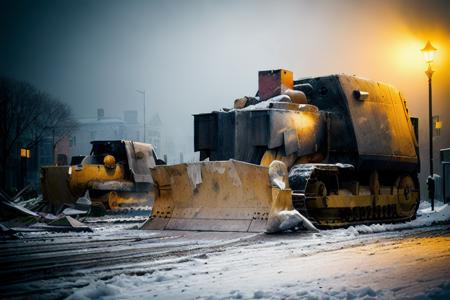 analog gloomy photo of a bulldozer with yellow blade,  <lora:k1lld0z3r:1>, ((at night)), demolished buildings in the background, white house, washington DC, (winter), (snow), (horror movie), ((nighttime)), (midnight), dark decayed city, ruins, High Detail, Sharp focus, (photorealism), realistic, best quality, 8k, award winning, dramatic lighting, epic, cinematic, masterpiece, rim light, ambient fog:1.4,