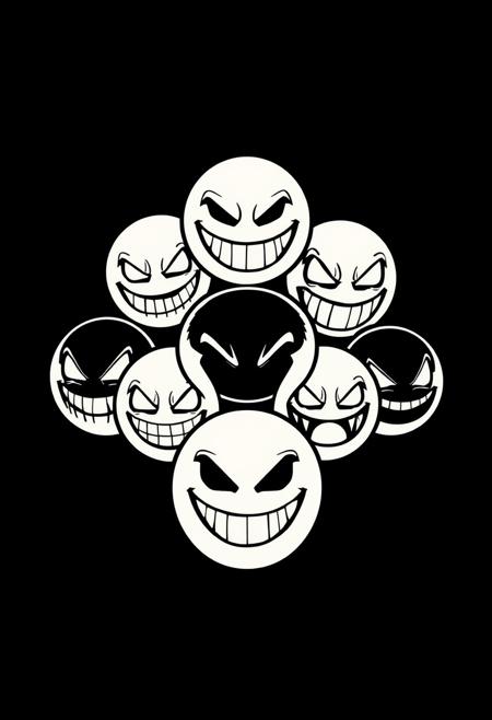 Evil Smileys line art emoticons. Ready-made print design for a t-shirt. On black background