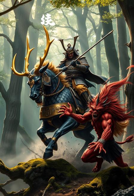A Samurai in ornate, battle-worn armor rides atop a majestic Kirin through a misty Japanese forest. The Kirin’s scales resemble dark lacquer edged with shimmering gold, giving it a regal, polished appearance. Its large, elk-like antlers gleam in gold and silver, catching the dappled sunlight breaking through the dense canopy. The Kirin’s golden mane flows like liquid fire as it charges forward with an aura of divine power. The Samurai, gripping a long spear, delivers a decisive strike to a crimson-skinned Japanese demon with wild hair and sharp claws, mid-attack. The forest is alive with towering trees, moss-covered roots, and swirling mist, framing the dramatic and mystical battle.