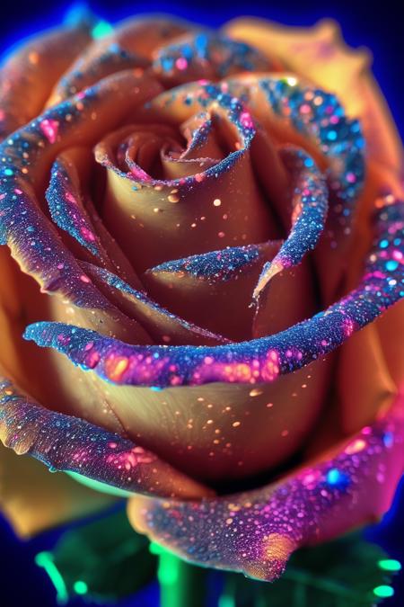 a photo of a rose with blacklight makeup, detailed, intricate, elegant, vibrant colors, masterpiece, cinematic, 8k <lora:blacklight_makeup_v1:1>