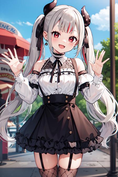 masterpiece, best quality, highres, hmnab, multicolored hair, hair bow, twintails, white shirt, black skirt, fishnets, suspender skirt, bare shoulders, earrings, puffy sleeves, <lora:naraka_v10:0.7>, cowboy shot, amusement park, standing, waving, smile, fang