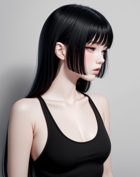 4K, Masterpiece, highres, absurdres,with a edgHimeCut hairstyle, 1girl, solo, long hair, bangs, black hair, bare shoulders, closed mouth, upper body,  grey background, lips, looking to the side, looking away, tank top, realistic, <lora:edgHimeCut:1>