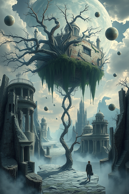 A surreal, dreamlike realm where the laws of physics are mere suggestions, featuring a twisted, broken world with inverted landscapes and structures that defy gravity, with gnarled, twisted trees and architectural ruins that seem to float, melt, or blend together in impossible ways, set against a backdrop of swirling, ethereal clouds and misty ambiance, with fragments of reality scattered throughout.