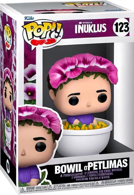 Funko Pop, A bowl of petunias in a Funko Pop box, English text