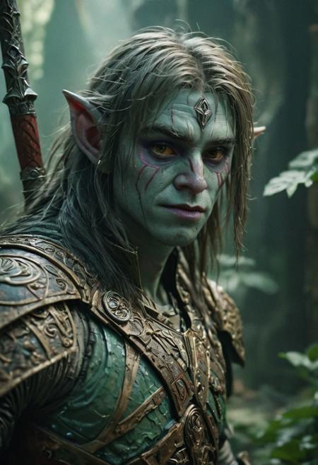 photography in the style of Labirynth, the dark crystal  movies, green, close up of (nature) and (fantasy) creature with a (diminute:1.7) sword stained with (detailed:1.5), in a beautiful and ruined ,fantasy,hyper detailed, real skin imperfections, hard lighting, bokeh, ((curi:1.2))(inspire forms in most beautiful New race:1.4) (beautiful:1.4) (ambient fantasy:1.5)(warhammer world:1.0)