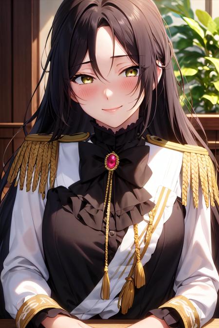 masterpiece, (best quality), 1woman,1girl ,dominique_de_sade,  black hair, long hair, yellow eyes,epaulettes,uniform,parted bangs,sexy woman,smile, bow, long sleeves,closed clothes, embarrassed,blush, , vibrant colors ,natural lighting  ,RTX,  , beautiful, (detailed face:1.2), showcase, (perfect eyes:1.1) ,(photorealistic:1.1), 8k uhd,  looking at viewer, indoors,  simple backround