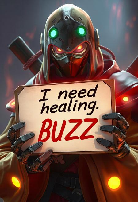 “I need healing” sign with a X over “Healing” and “BUZZ” written instead. The sign is being hold by Genshi from Overwatch. Cybernetic ninja, hyper realistic style, detailed and perfect robotic hands, glowing eyes,