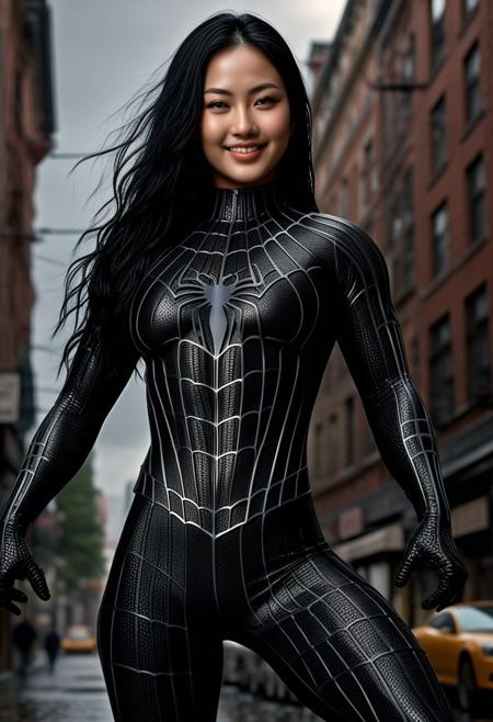 score_9, score_8_up, score_7_up, best quality, realistic, masterpiece, beautiful detail, hyperrealistic, cafe, ((1girl, woman body, huge breasts)), amazing detailed full body portrait of a beautiful japanese girl, wearing a realistic and highly detailed black raimi spider-man suit, ((huge muscular girl)), professional model wears ultra - detailed black raimi spider - man suit, ultra - detailed and grained black raimi spiderman suit, suit covered entire body and hand, black spiderman gloves, wet, (full body), (dancing pose), smile, black hair, octane render, highly detailed, volumetric, dramatic lighting, (highest quality:1.1), (HDR:1.3), (top quality, best quality), realistic, high definition, Expressionism - sharp focus, professional photography, masterpiece, ultra detailed photograph, high quality, 8k,