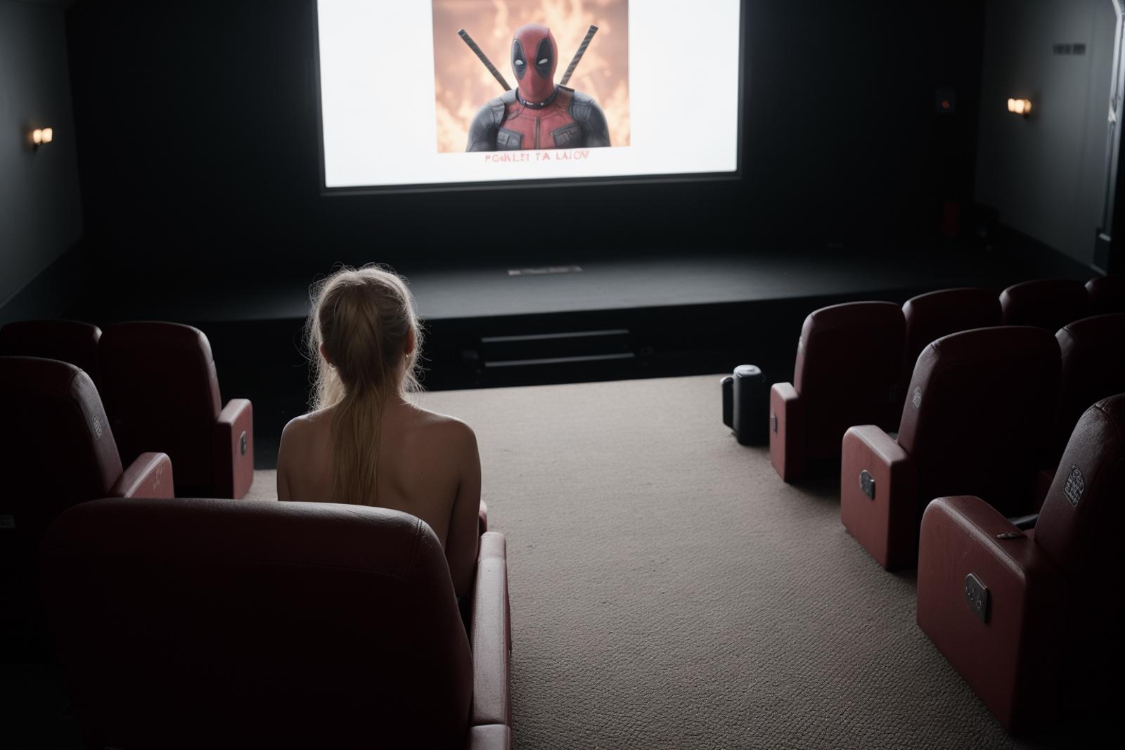 A woman in a theater watching Deadpool.