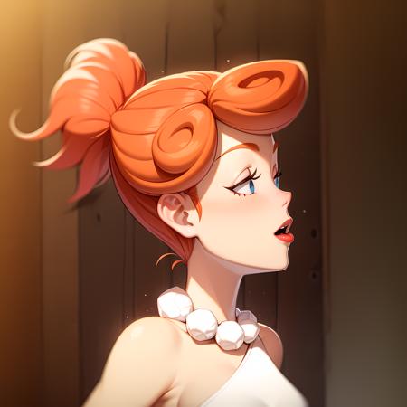 ((masterpiece, best quality)),(complex lighting) ,upper body, solo, wilma flintstone, red hair, ponytail bun, <lora:Wilma_Flintstone1:0.7>,white dress, pearl necklace, closed mouth,  lipstick,