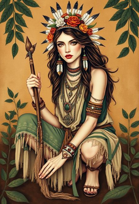 Native American sand painting featuring a woman with a bohemian and tribal aesthetic. She has a slender build, light skin, and long, wavy brown hair adorned with a floral and feather headdress. Her facial features are sharp, with high cheekbones and a focused expression. She is dressed in layered, earth-toned fabrics with various textures, including a mix of greens, browns, and beiges. She wears multiple necklaces, bracelets, and other accessories made of natural materials like beads and feathers. The background is a blend of earthy tones and foliage, giving the image a natural, forest-like setting. The overall composition is dynamic, with the woman in a crouched position, holding a stick, and surrounded by leaves and plants, creating a sense of connection with nature.